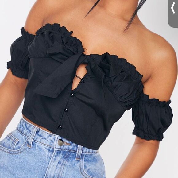 Petite Black Frill Detail Crop Blouse PLT size 6 - Picture 1 of 8
